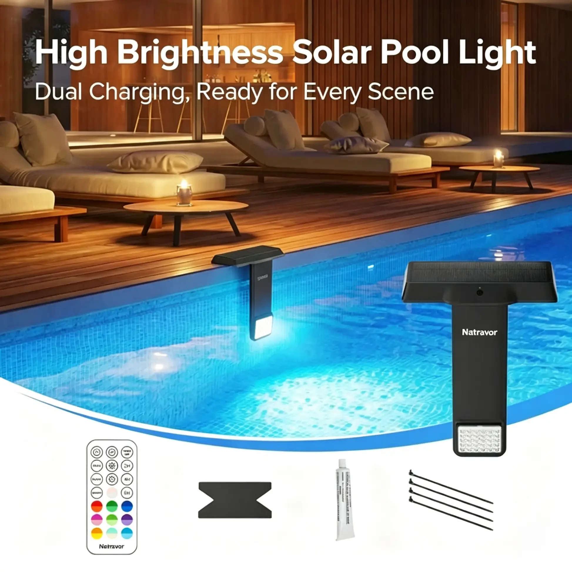 Natravor Solar Pool Light – 20 RGB Colors - IP68 Waterproof - Magnetic Mount - Image 2